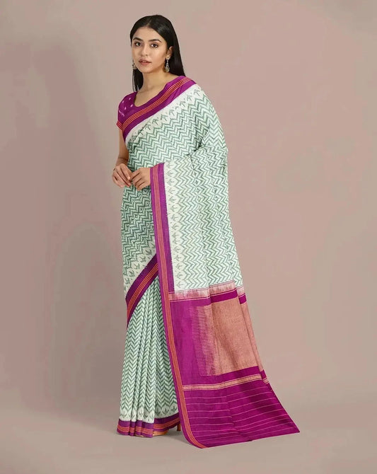 Off-White and Sage Green Patola Saree - Pallodstore