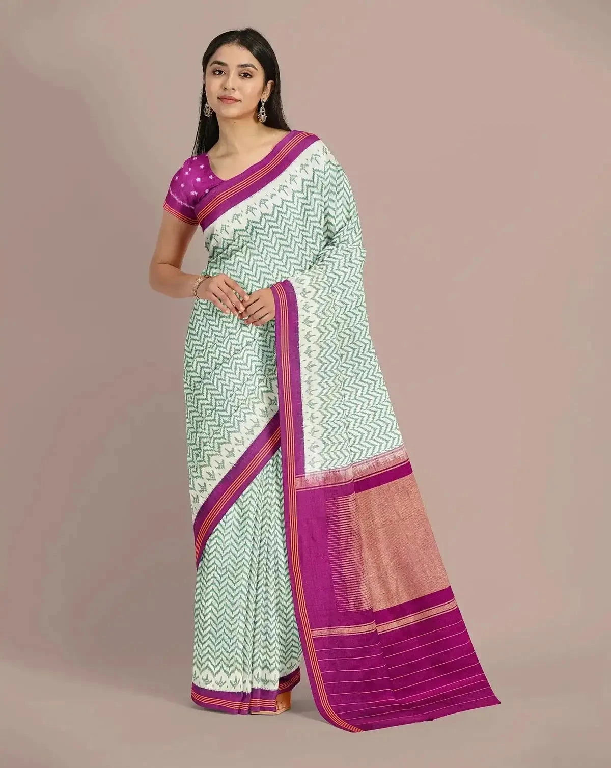 Off-White and Sage Green Patola Saree - Pallodstore