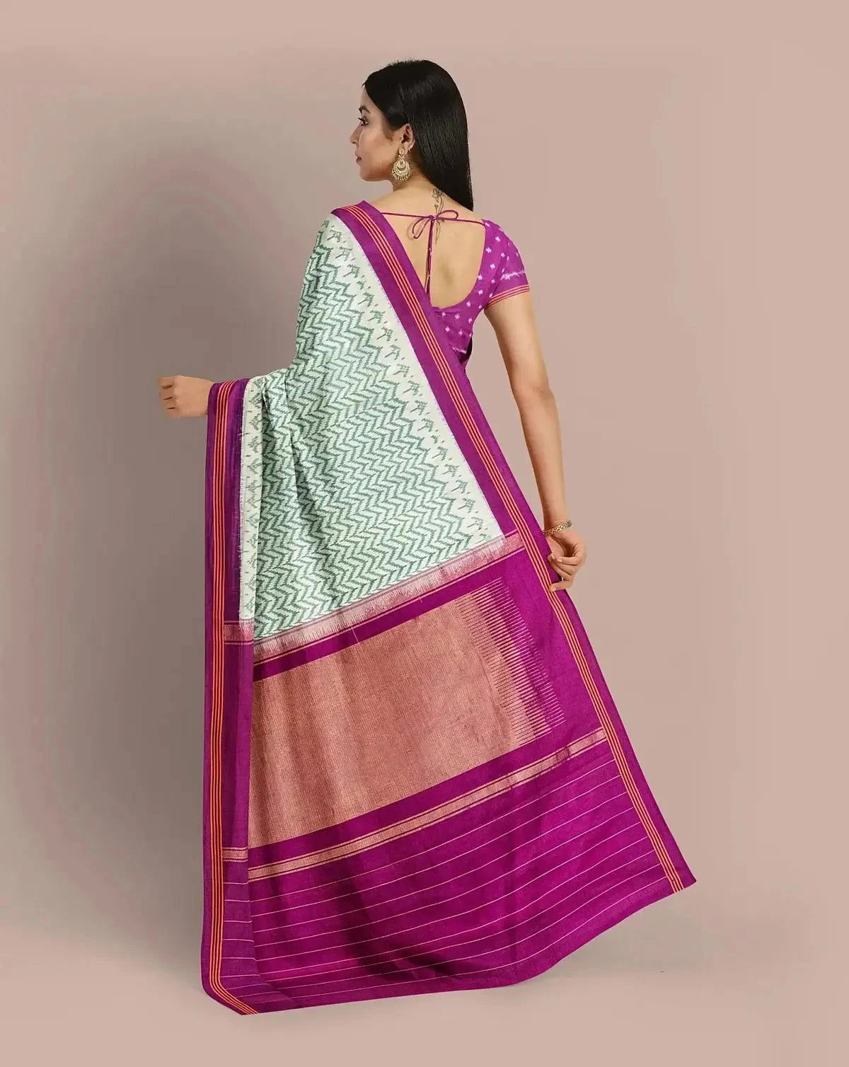 Off-White and Sage Green Patola Saree - Pallodstore