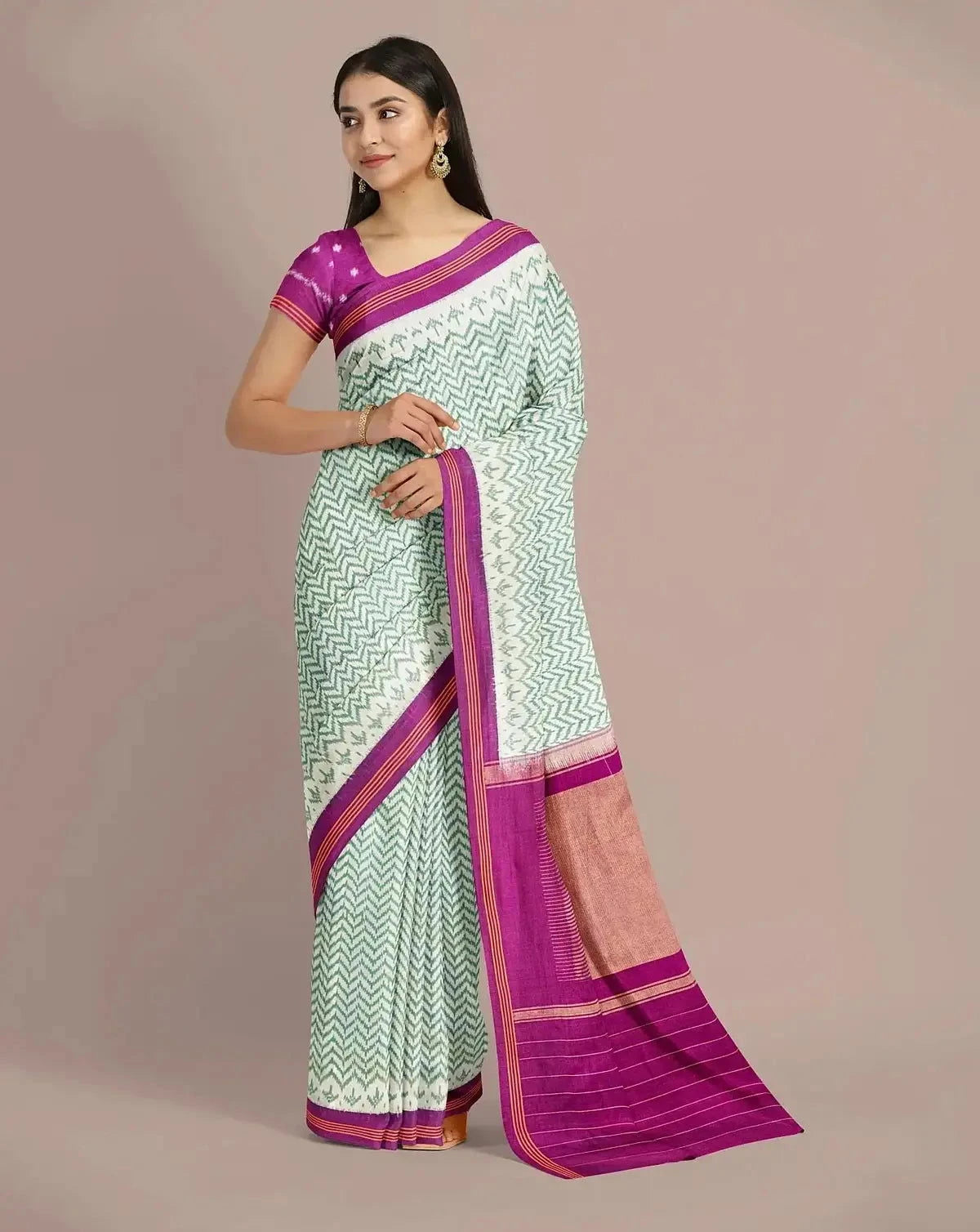 Off-White and Sage Green Patola Saree - Pallodstore