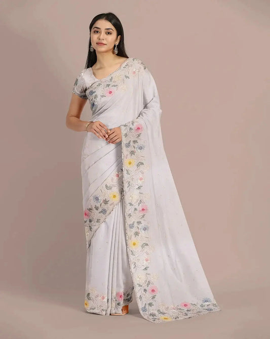 Off-white Chiffon Saree - Pallodstore