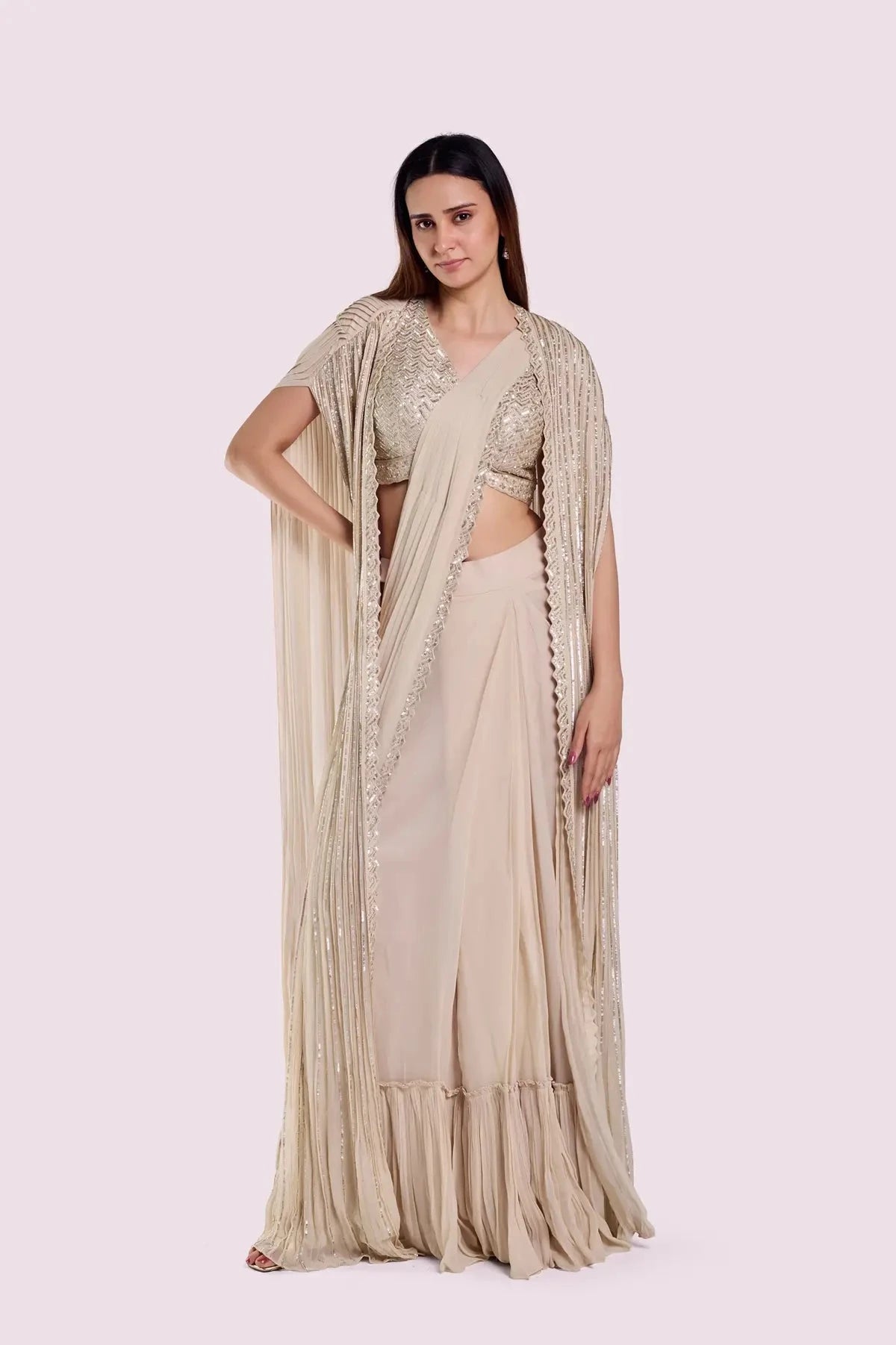 Off White Embellished Drape Saree With Longline Cape - Pallodstore