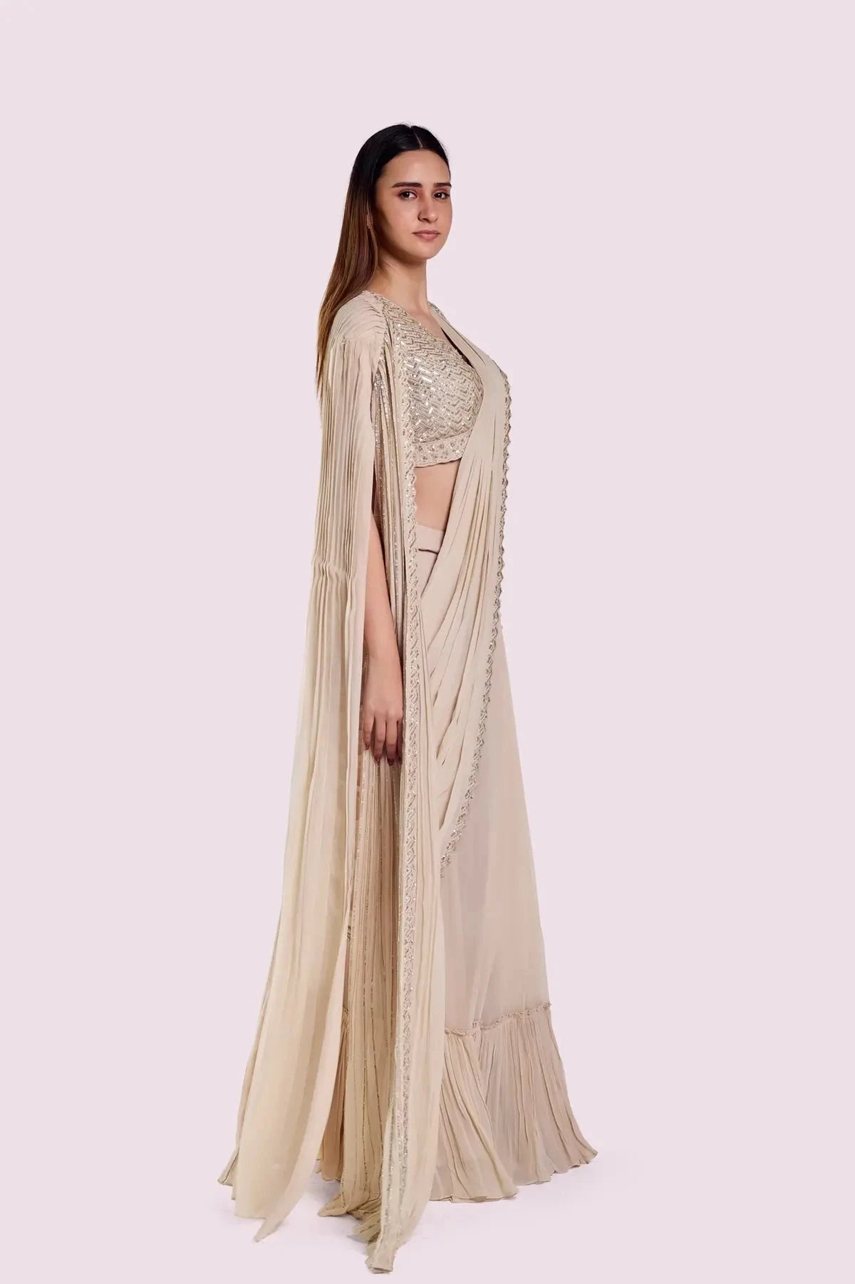 Off White Embellished Drape Saree With Longline Cape - Pallodstore