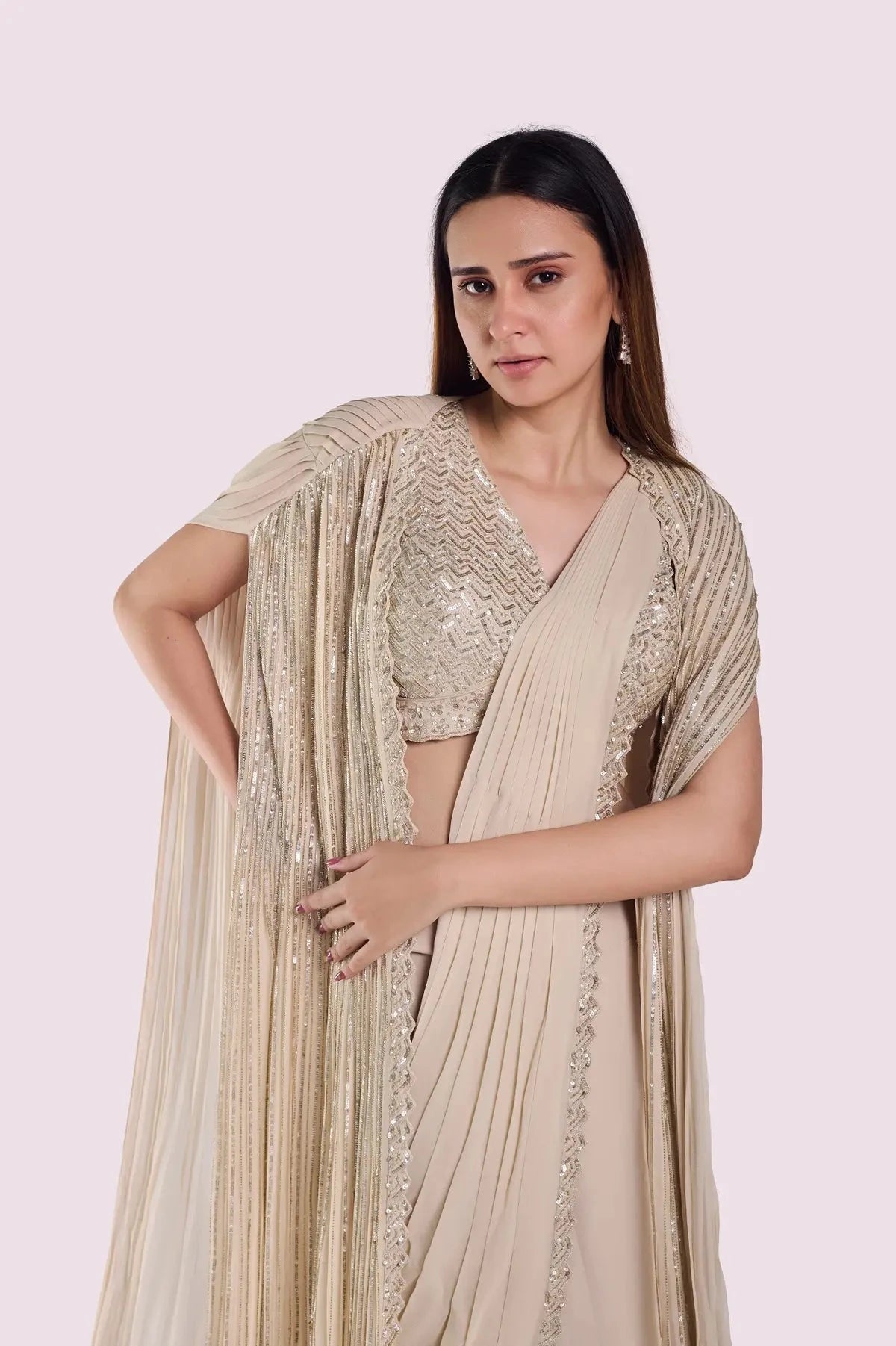 Off White Embellished Drape Saree With Longline Cape - Pallodstore