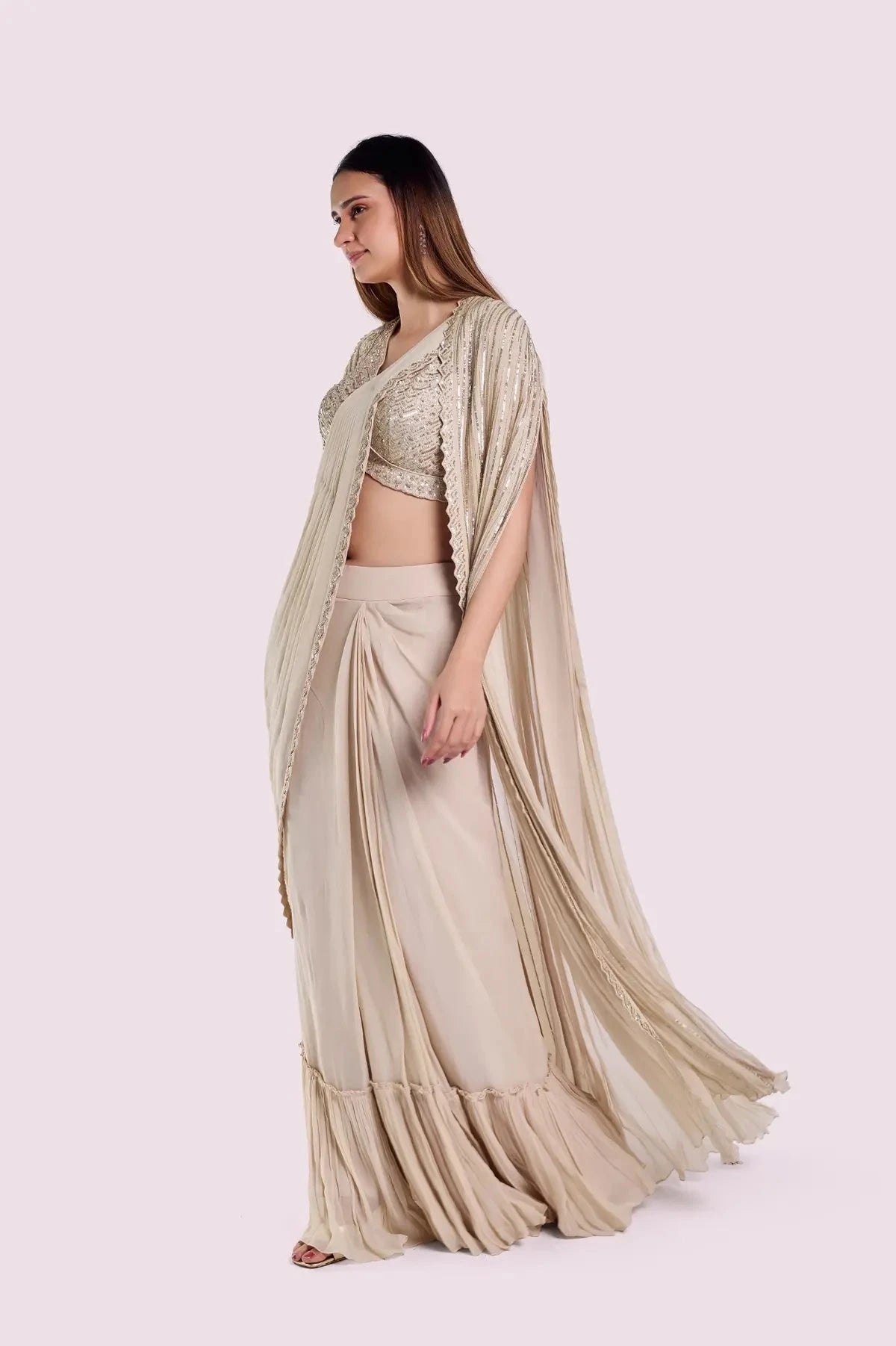 Off White Embellished Drape Saree With Longline Cape - Pallodstore