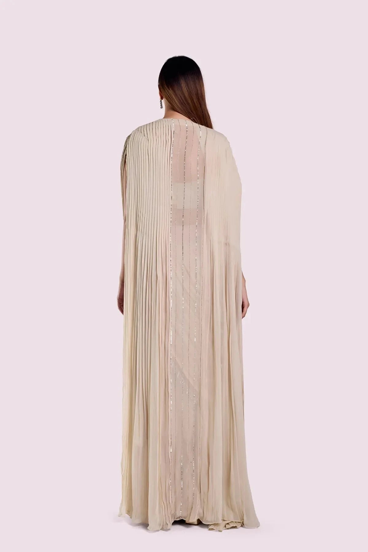 Off White Embellished Drape Saree With Longline Cape - Pallodstore
