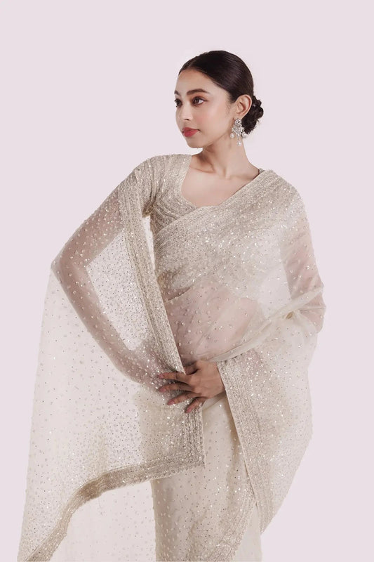 Off White Sequins Organza Saree - Pallodstore
