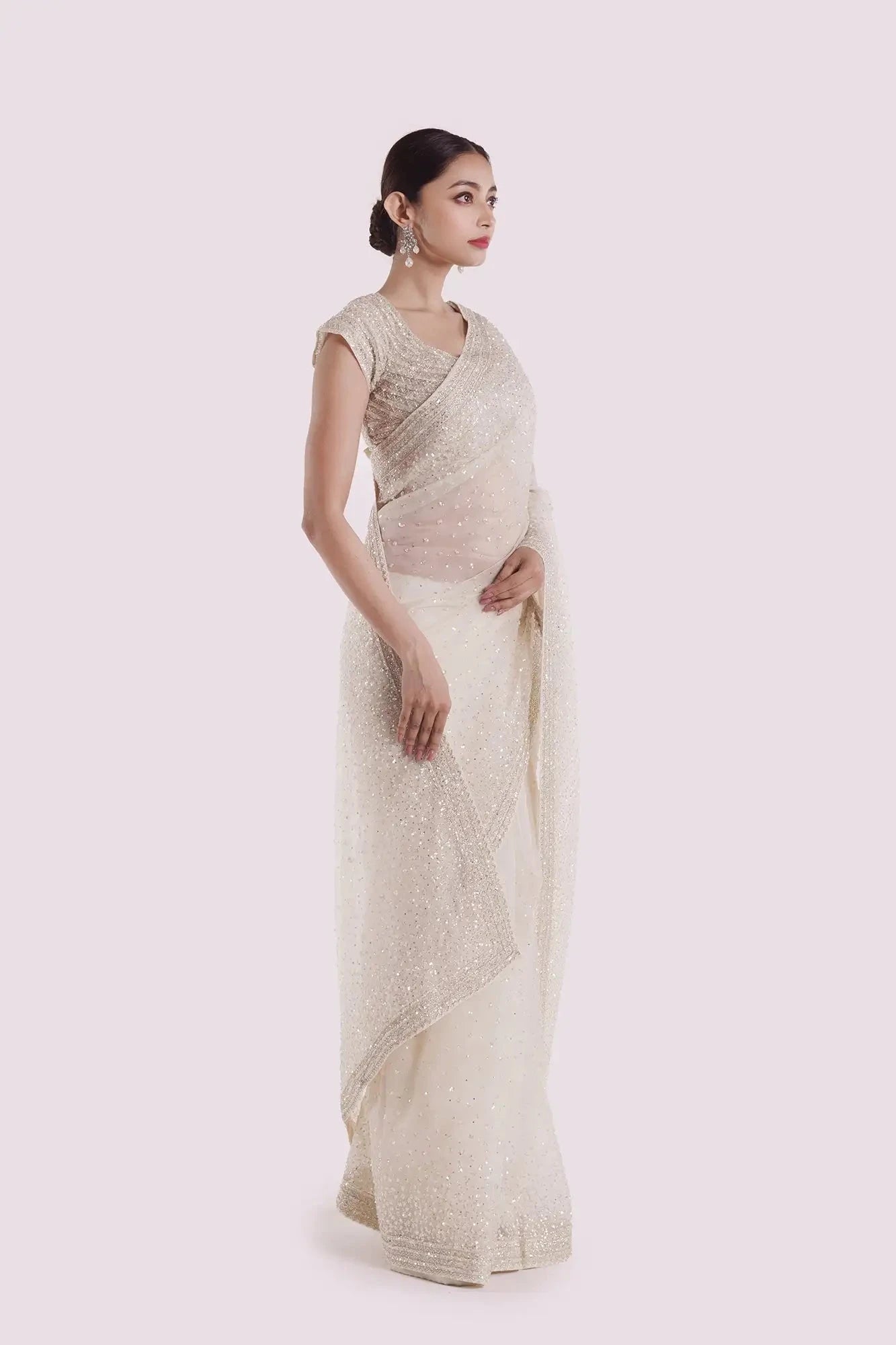 Off White Sequins Organza Saree - Pallodstore