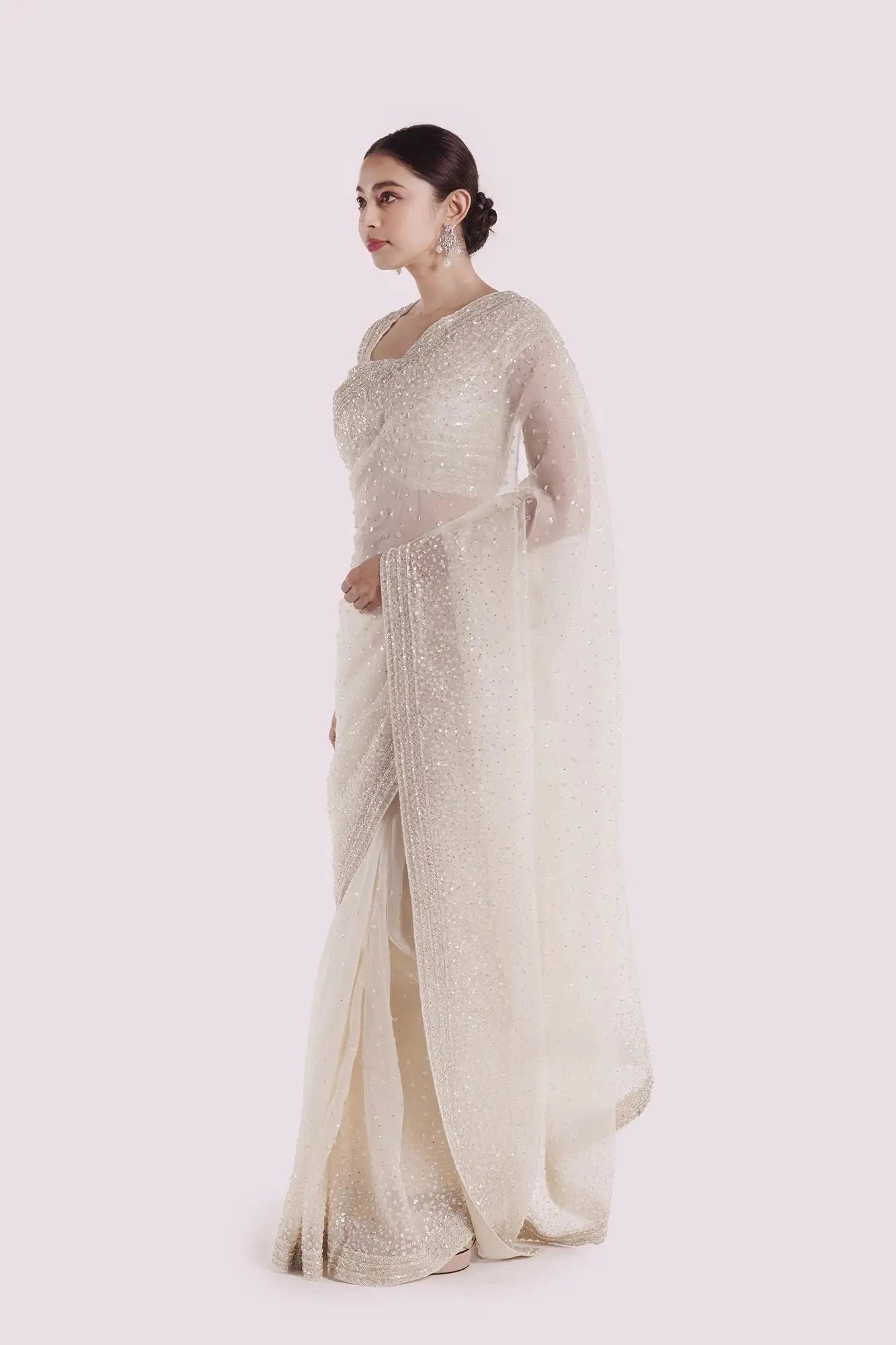 Off White Sequins Organza Saree - Pallodstore