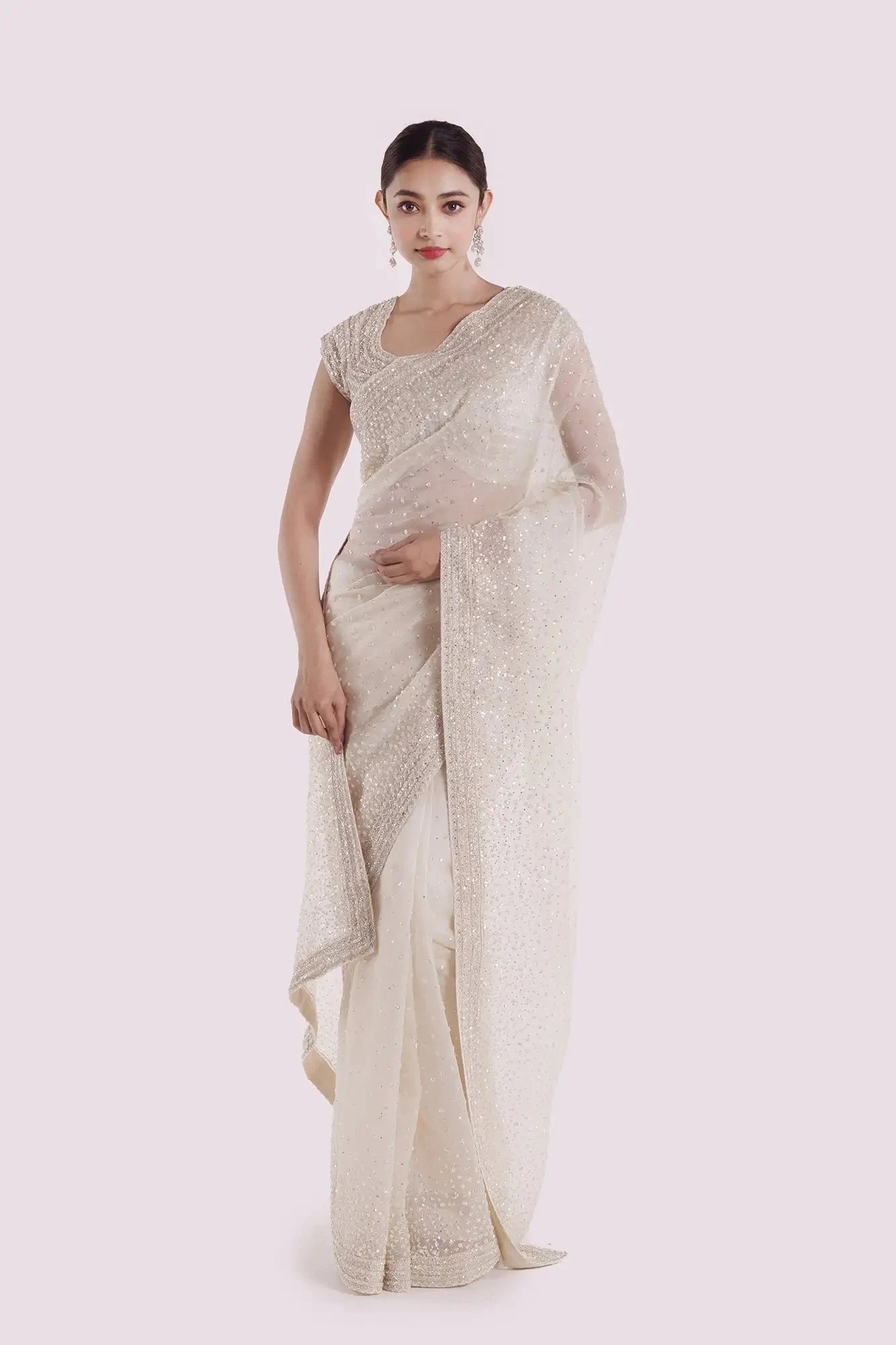 Off White Sequins Organza Saree - Pallodstore