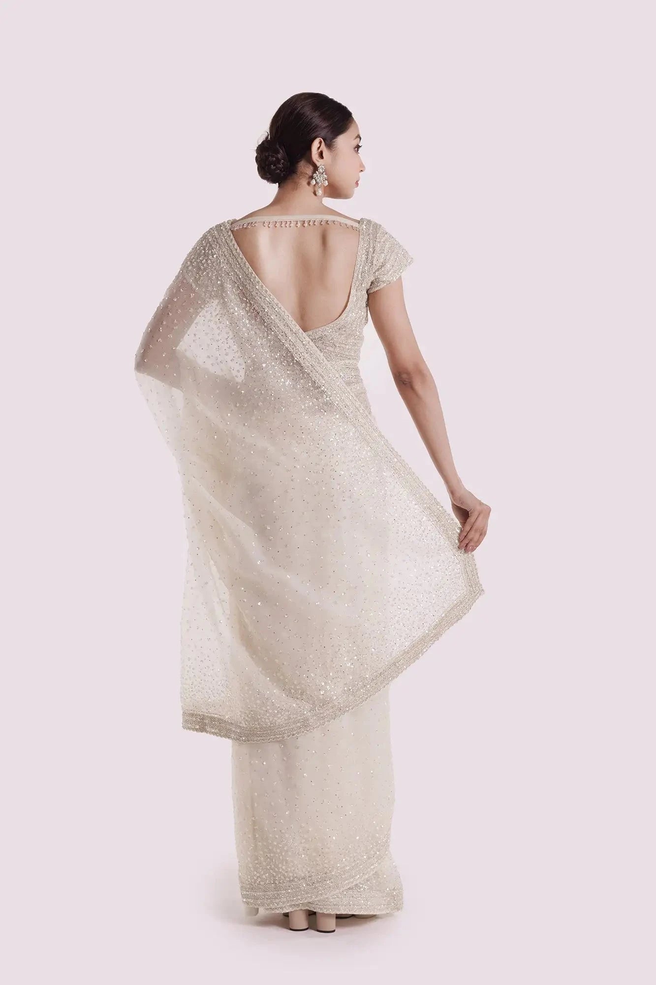 Off White Sequins Organza Saree - Pallodstore