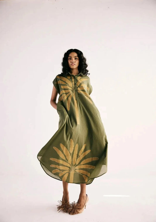 Olive Green Palm Shirt Dress - Pallodstore