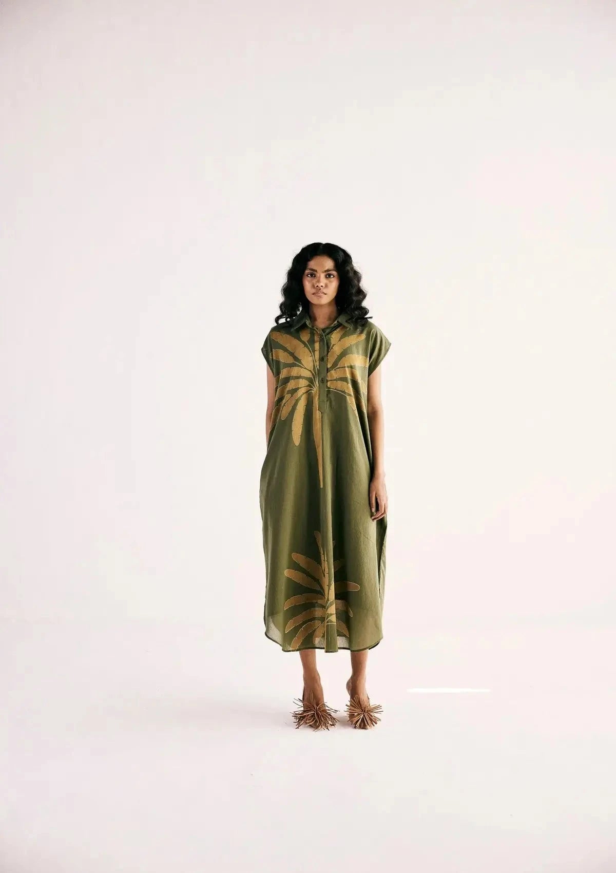 Olive Green Palm Shirt Dress - Pallodstore