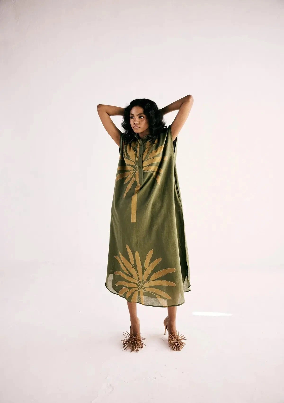 Olive Green Palm Shirt Dress - Pallodstore