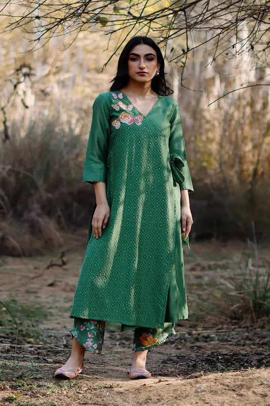 Olive Jamdani Chanderi Wrap Kurta With Printed Pants - Pallodstore