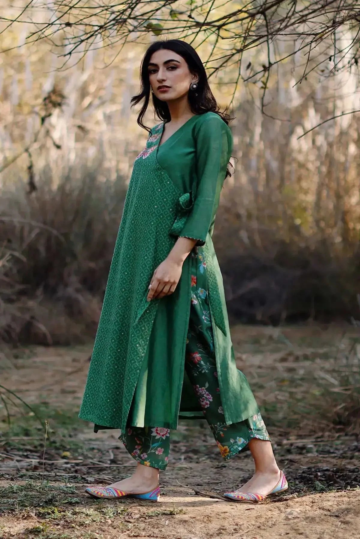 Olive Jamdani Chanderi Wrap Kurta With Printed Pants - Pallodstore