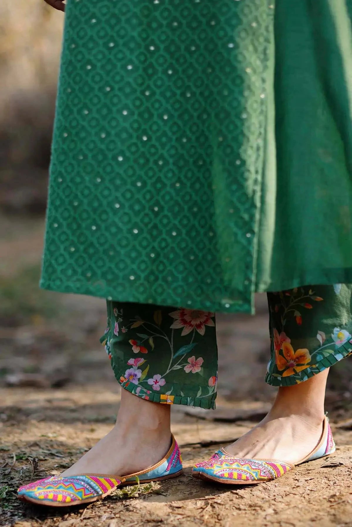 Olive Jamdani Chanderi Wrap Kurta With Printed Pants - Pallodstore