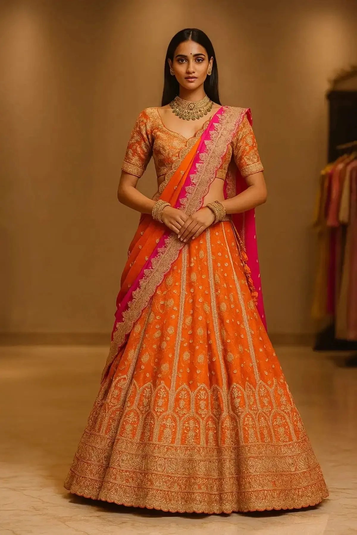 Orange Bridal Lehenga With Shaded Dupatta - Pallodstore