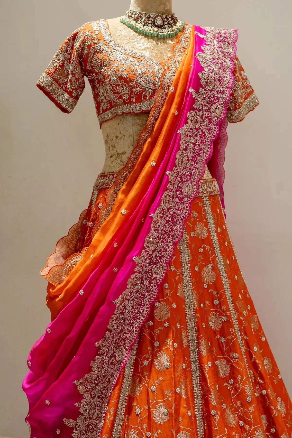 Orange Bridal Lehenga With Shaded Dupatta - Pallodstore
