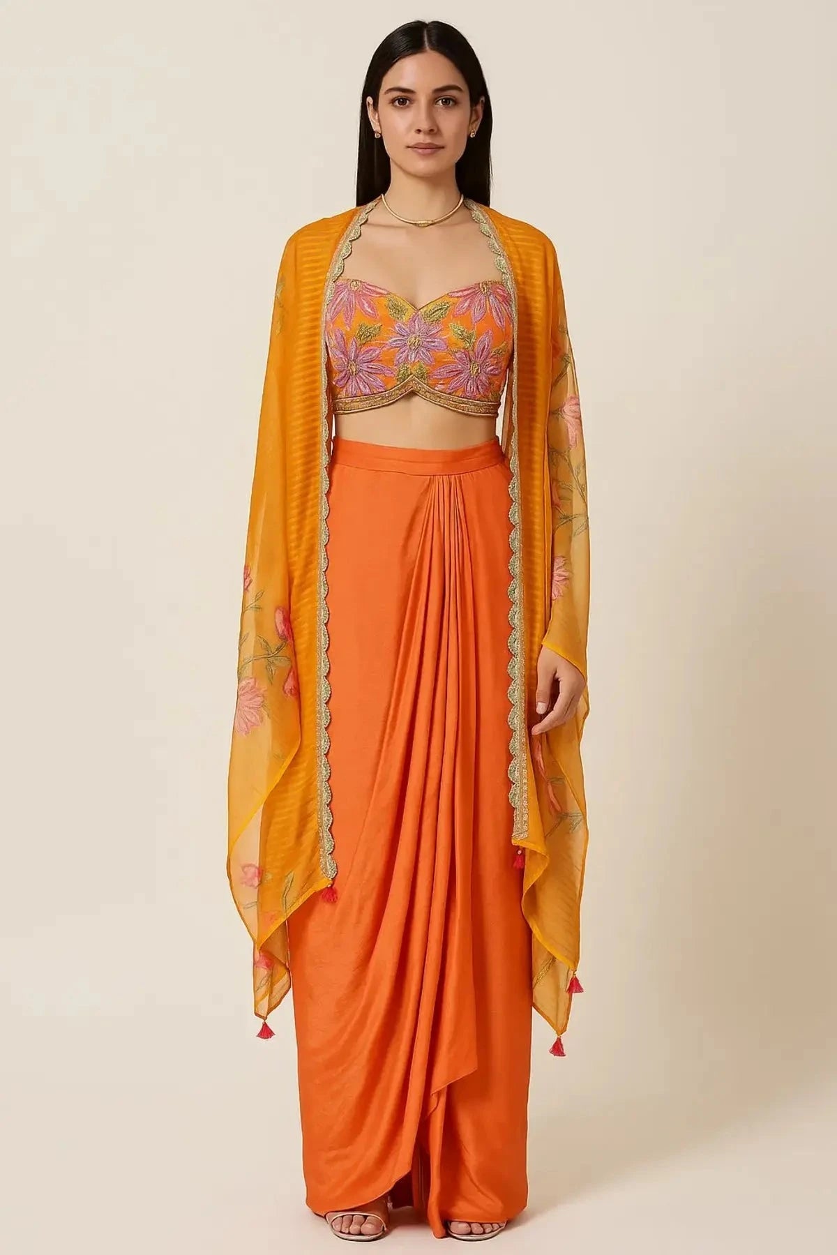 Orange Crop Blouse With Drape Skirt Cape - Pallodstore