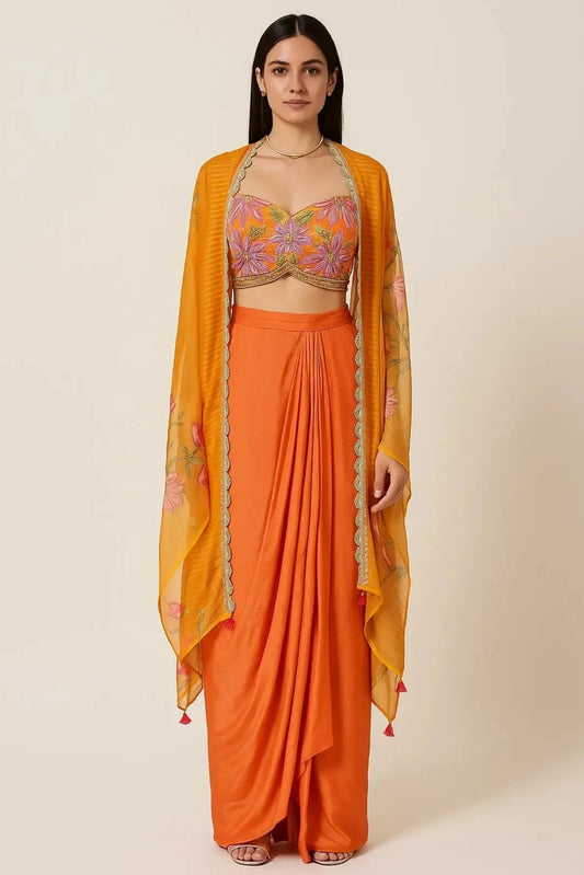 Orange Crop Blouse With Drape Skirt Cape - Pallodstore