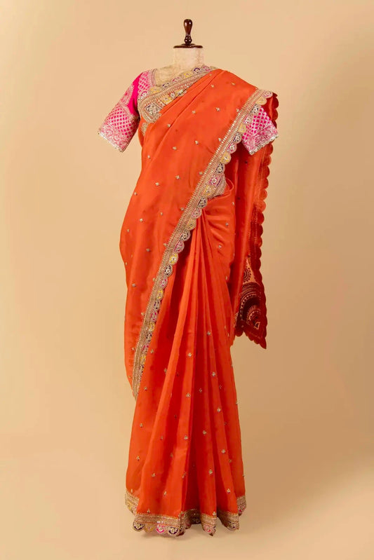 Orange Embroidered Organza Saree - Pallodstore