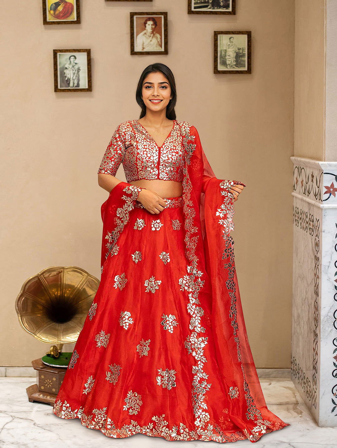 Orange Leather Applique Lehenga - Pallodstore