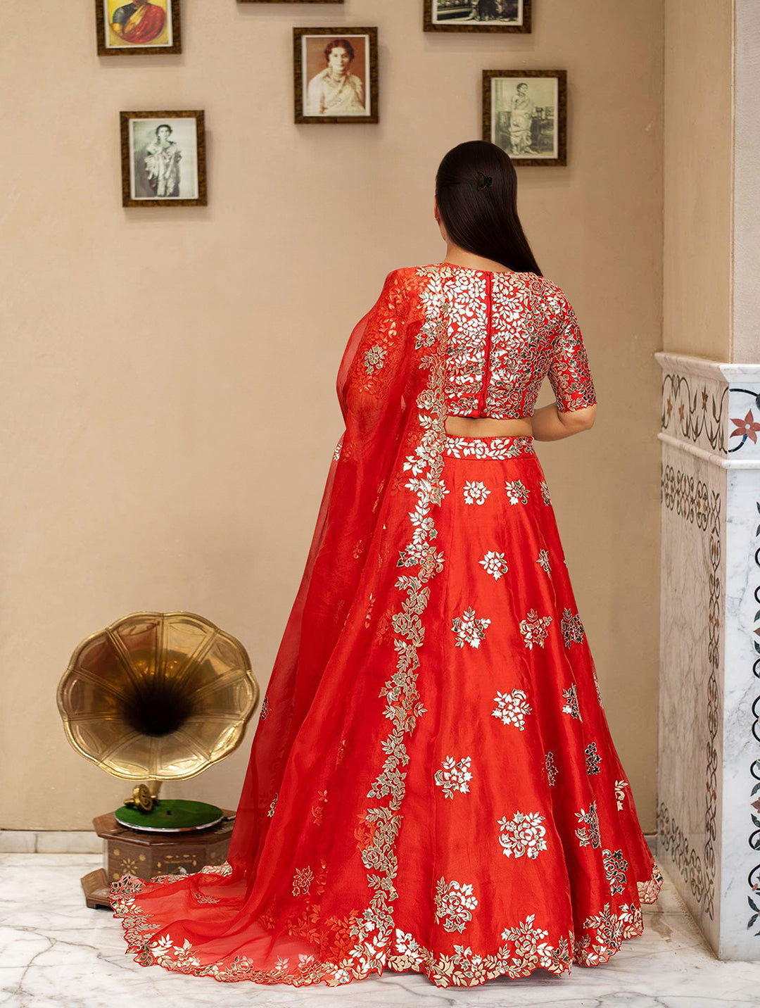 Orange Leather Applique Lehenga - Pallodstore