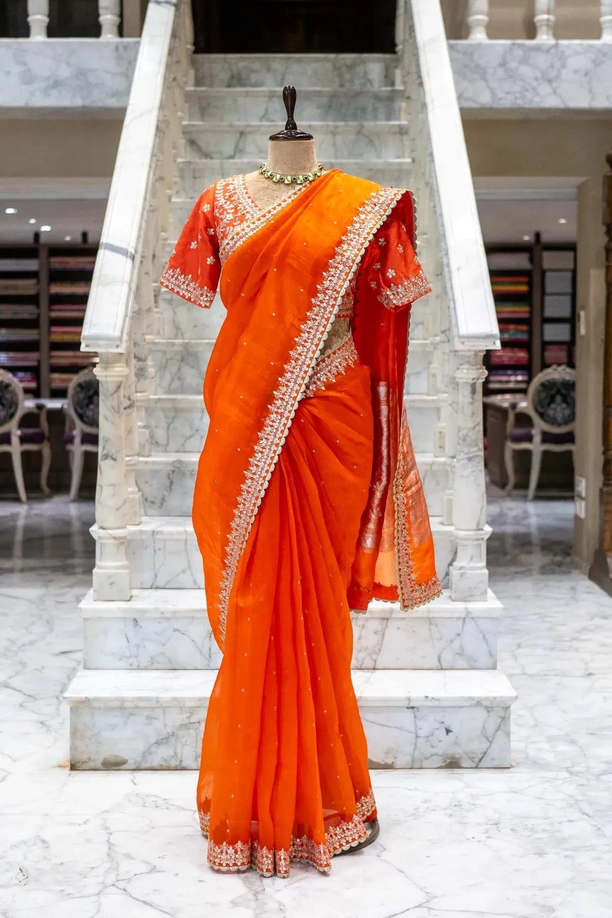 Orange Organza Saree - Pallodstore