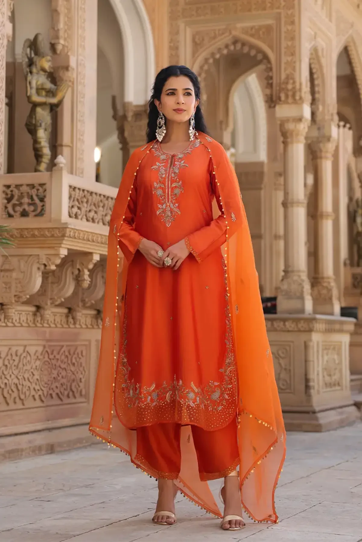 Orange Riwayat Heavy Long Kurta Set - Pallodstore