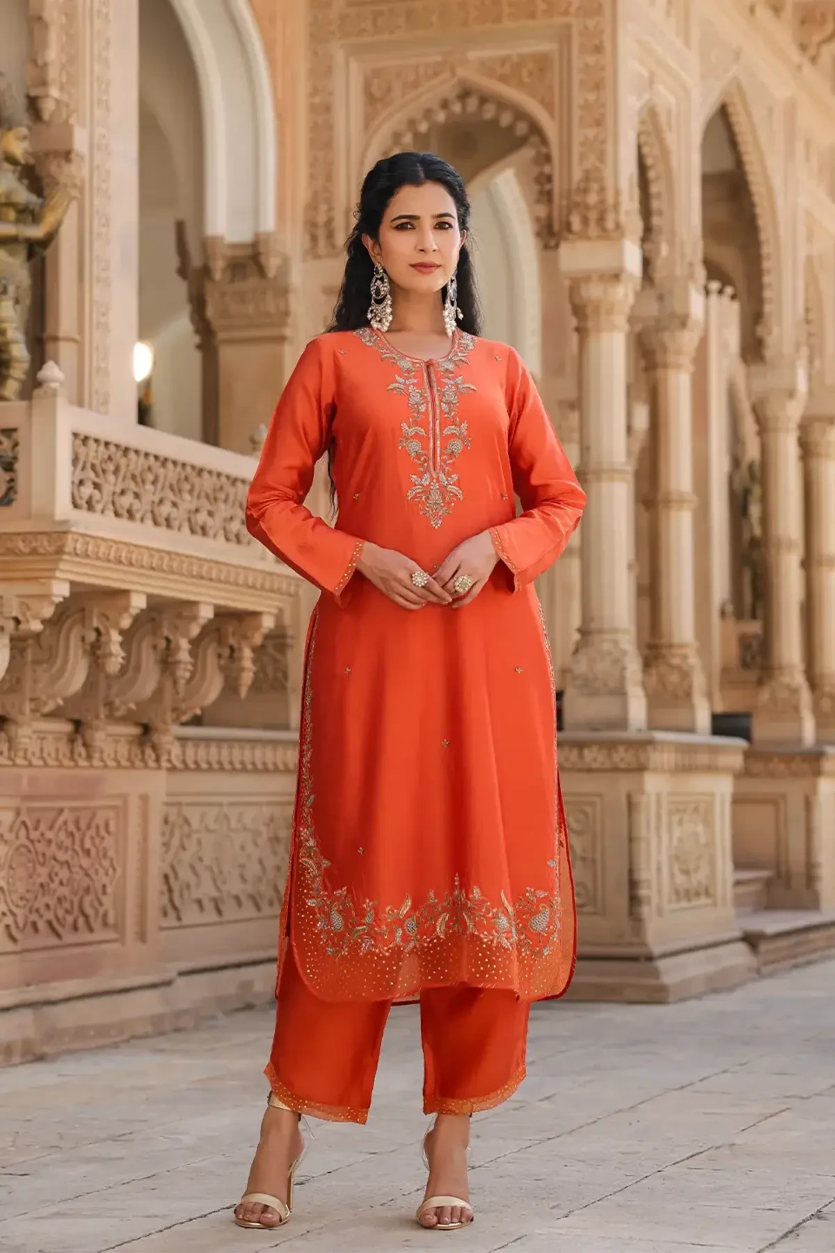 Orange Riwayat Heavy Long Kurta Set - Pallodstore