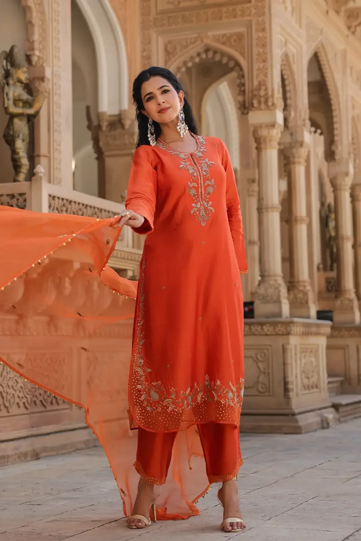 Orange Riwayat Heavy Long Kurta Set - Pallodstore