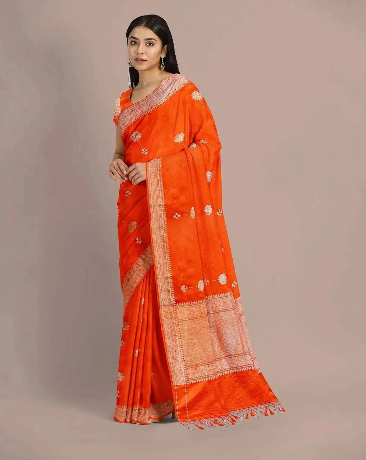 Orange Satin Banarasi Saree - Pallodstore