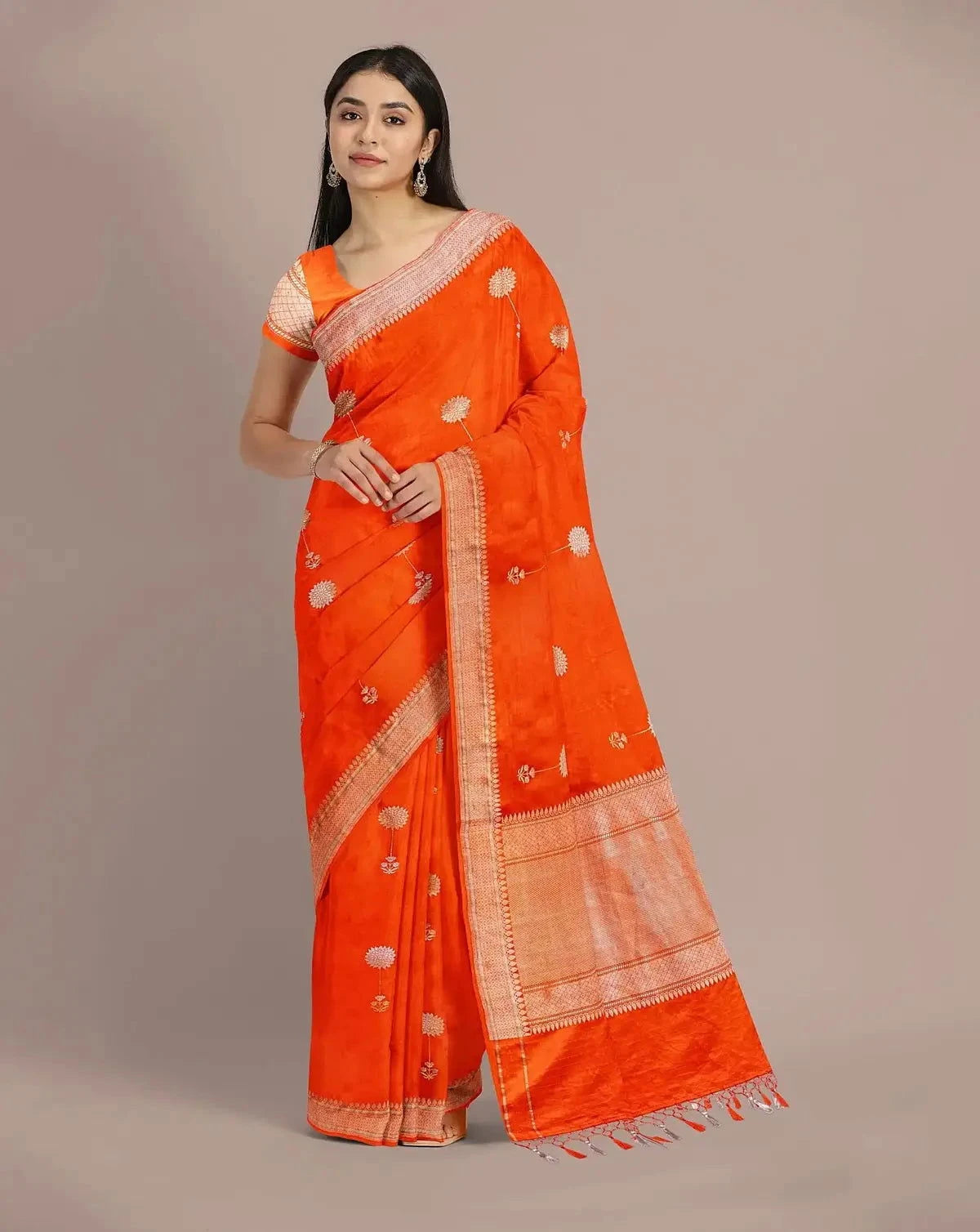 Orange Satin Banarasi Saree - Pallodstore