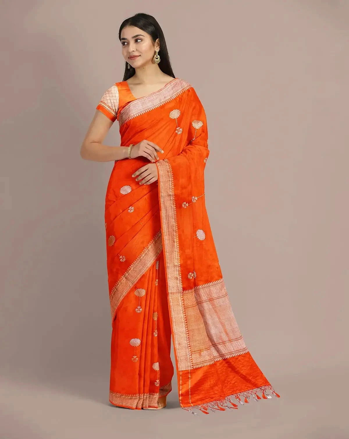 Orange Satin Banarasi Saree - Pallodstore