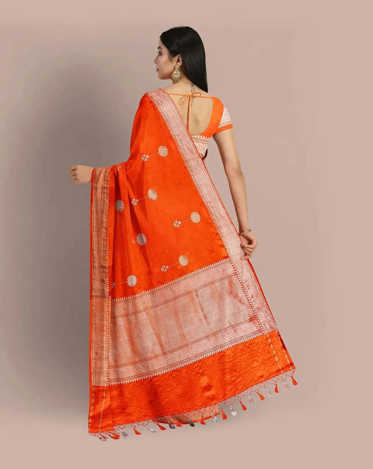 Orange Satin Banarasi Saree - Pallodstore