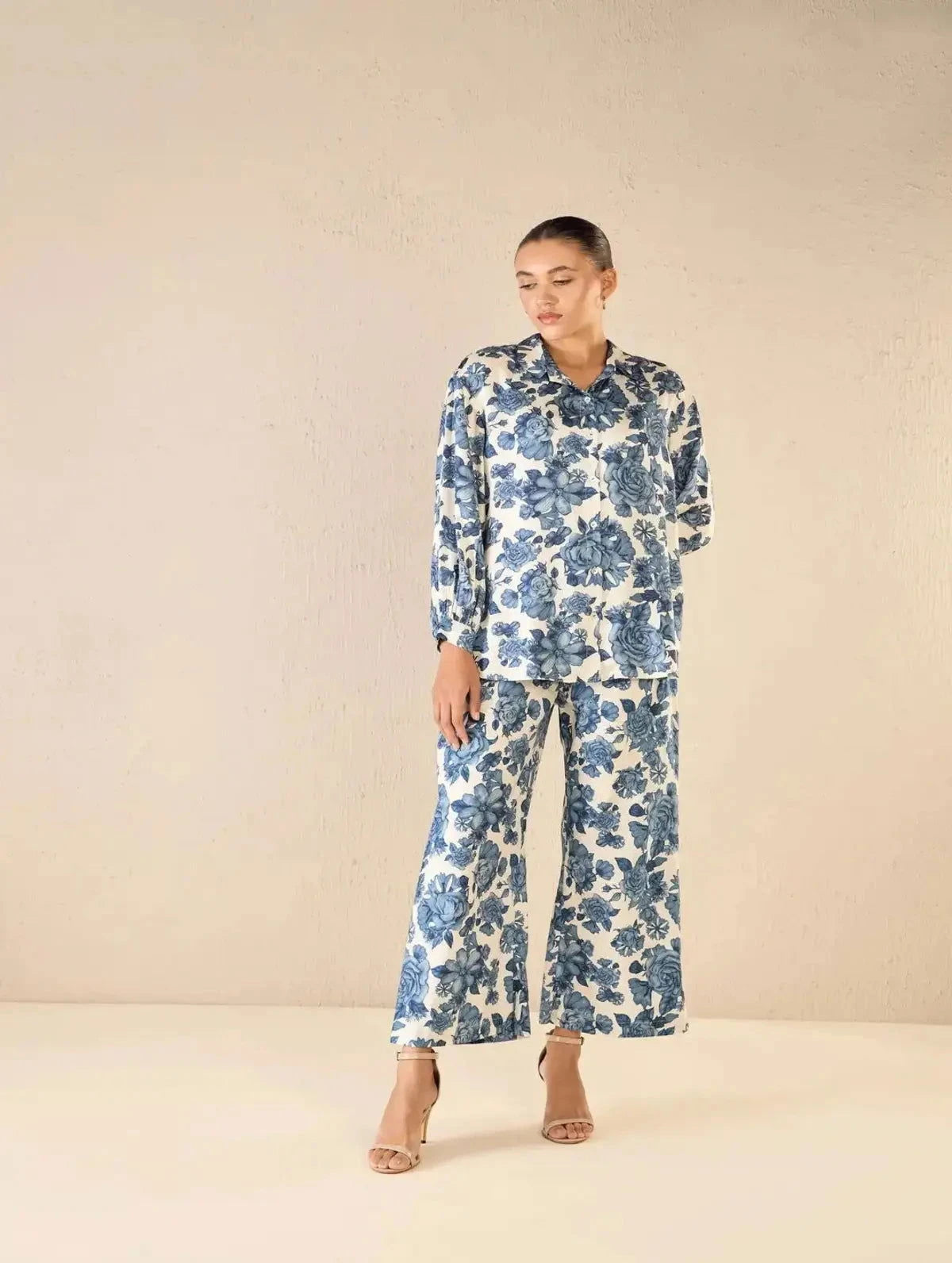 Oversize Blue Blossom Shirt Co-ord Set - Pallodstore