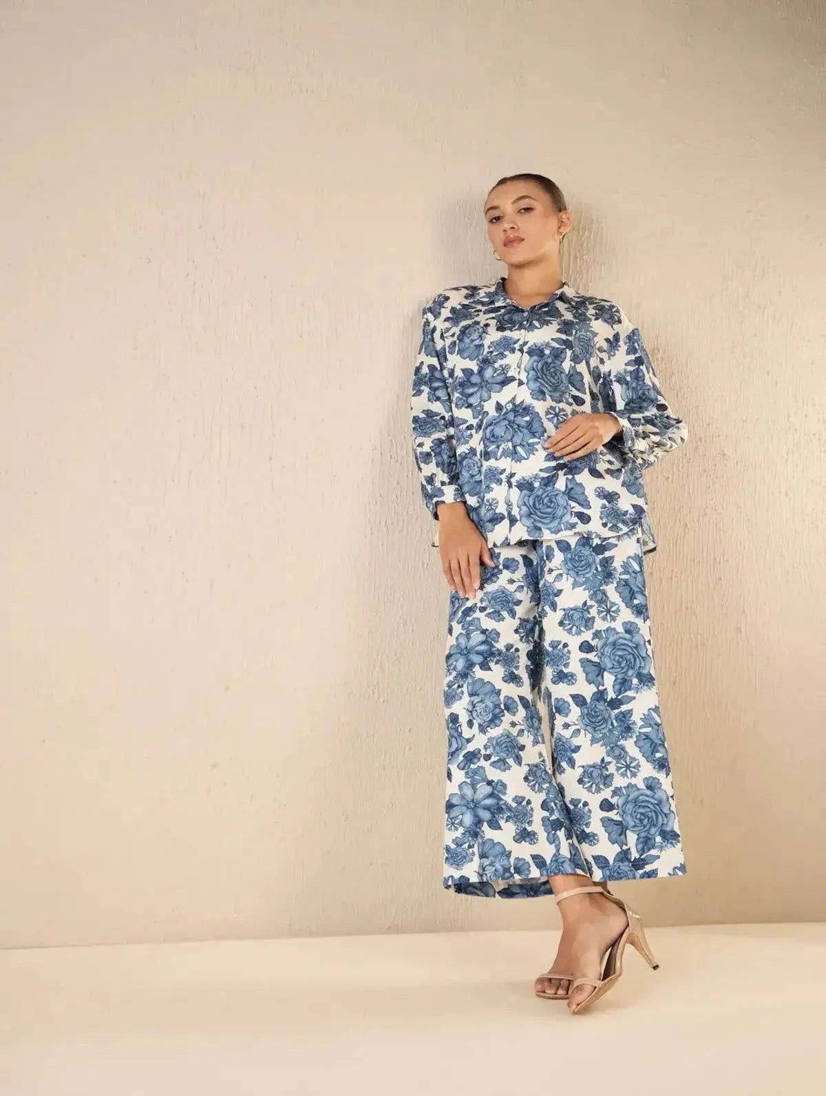 Oversize Blue Blossom Shirt Co-ord Set - Pallodstore