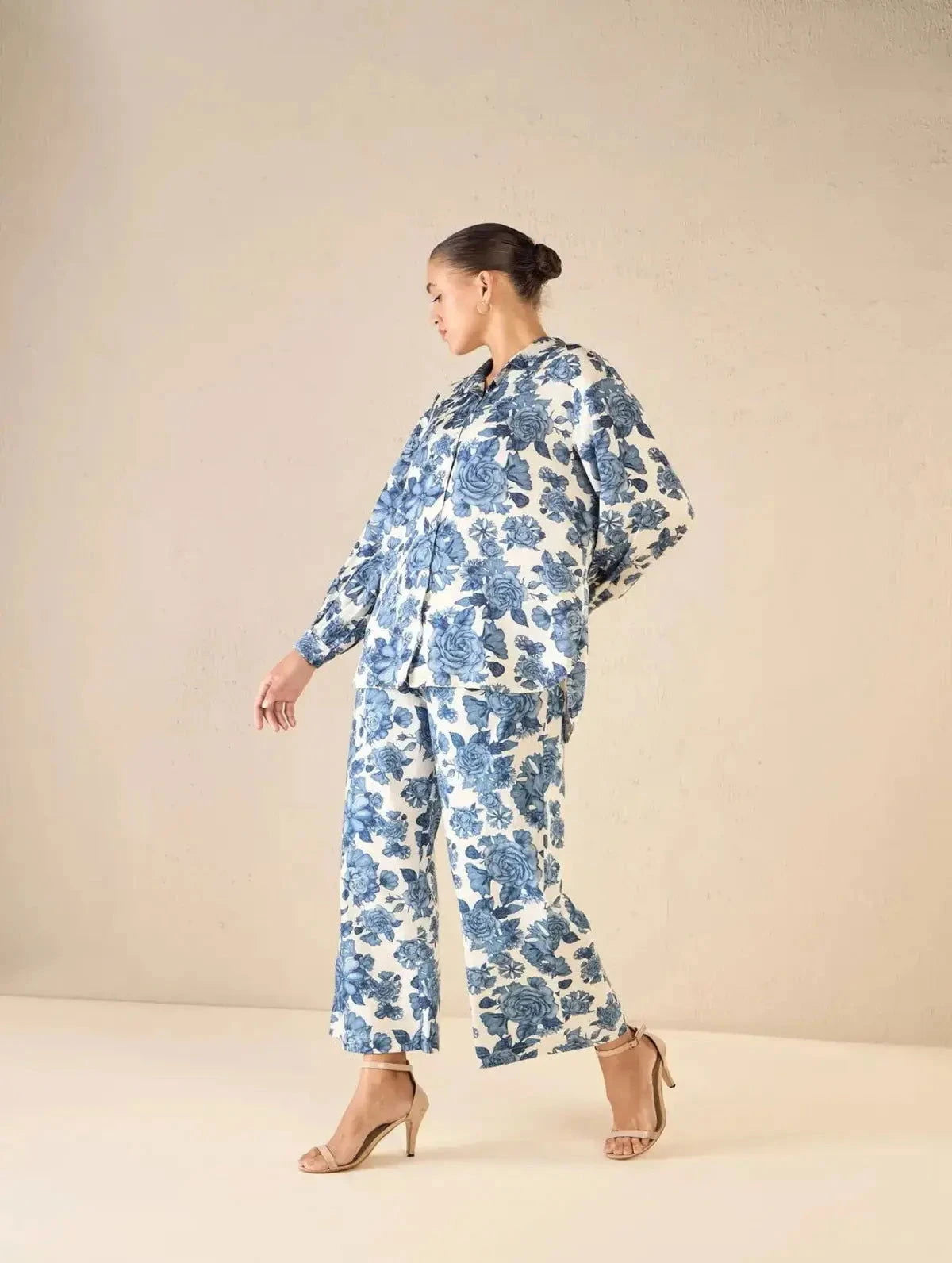 Oversize Blue Blossom Shirt Co-ord Set - Pallodstore
