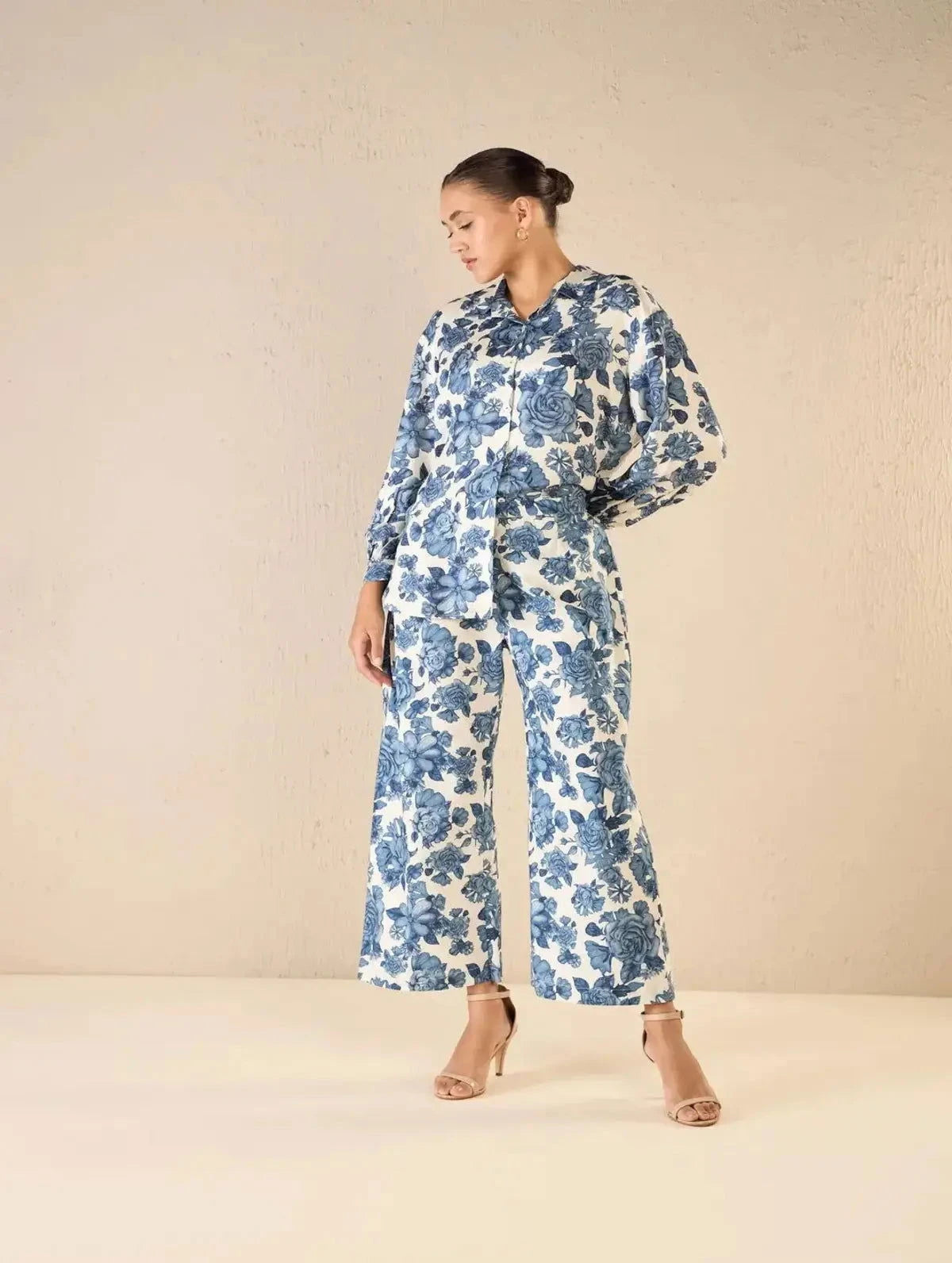 Oversize Blue Blossom Shirt Co-ord Set - Pallodstore