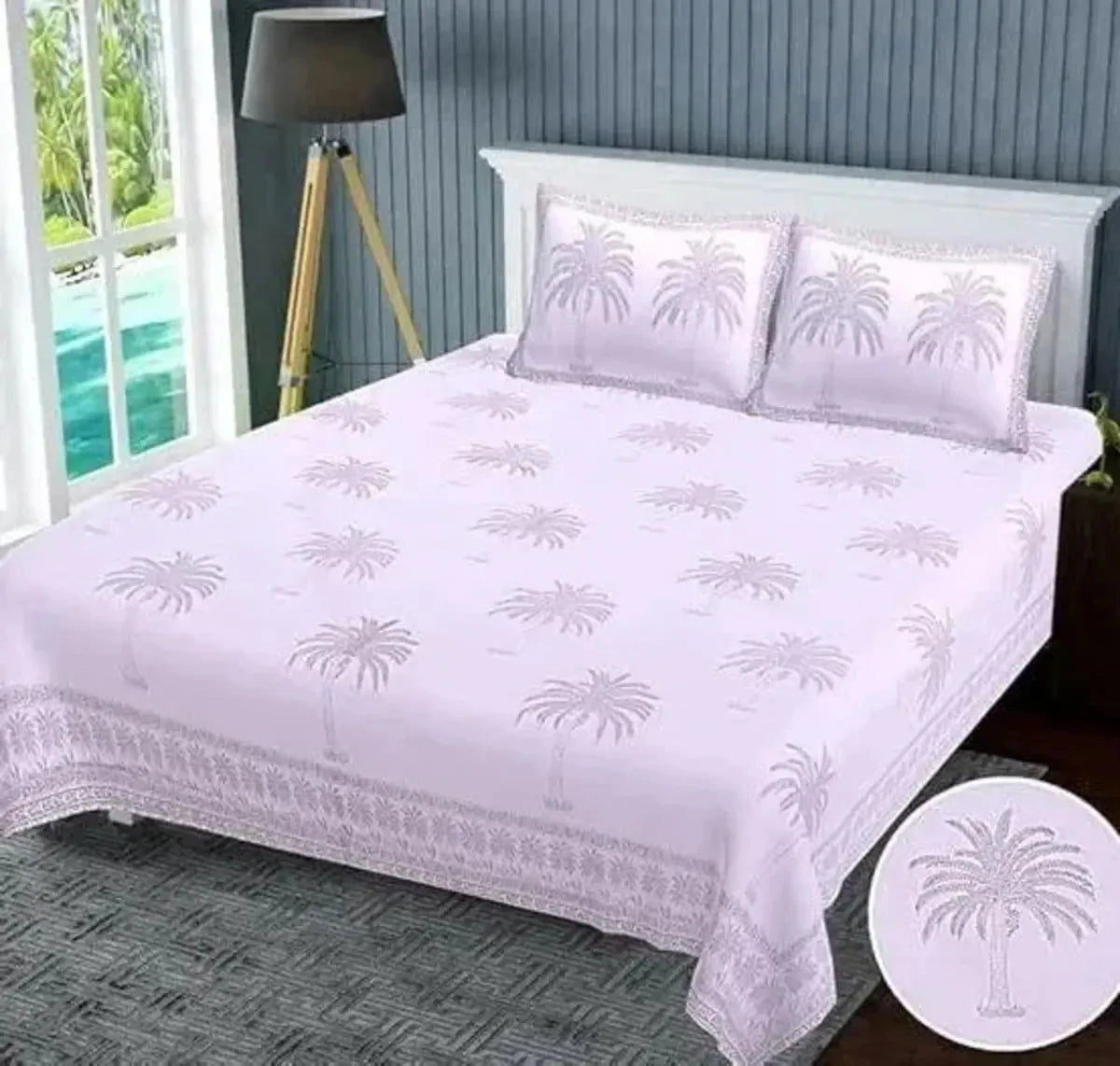Palm Tree Handblock Printed King Size Grey Bedsheet - Pallodstore