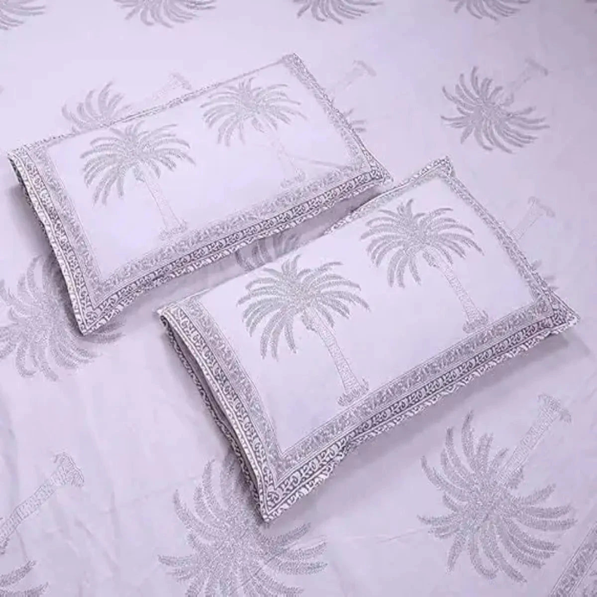 Palm Tree Handblock Printed King Size Grey Bedsheet - Pallodstore