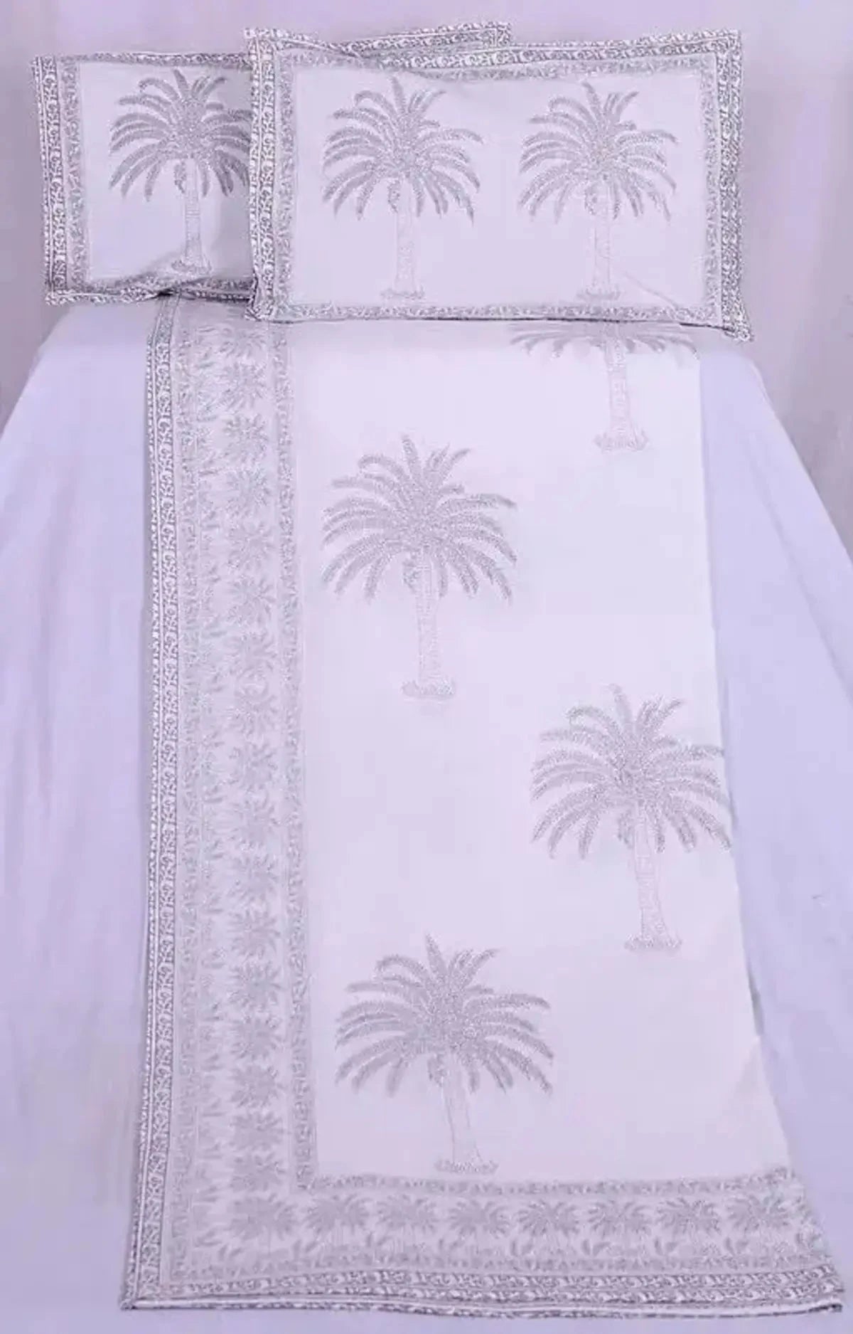 Palm Tree Handblock Printed King Size Grey Bedsheet - Pallodstore