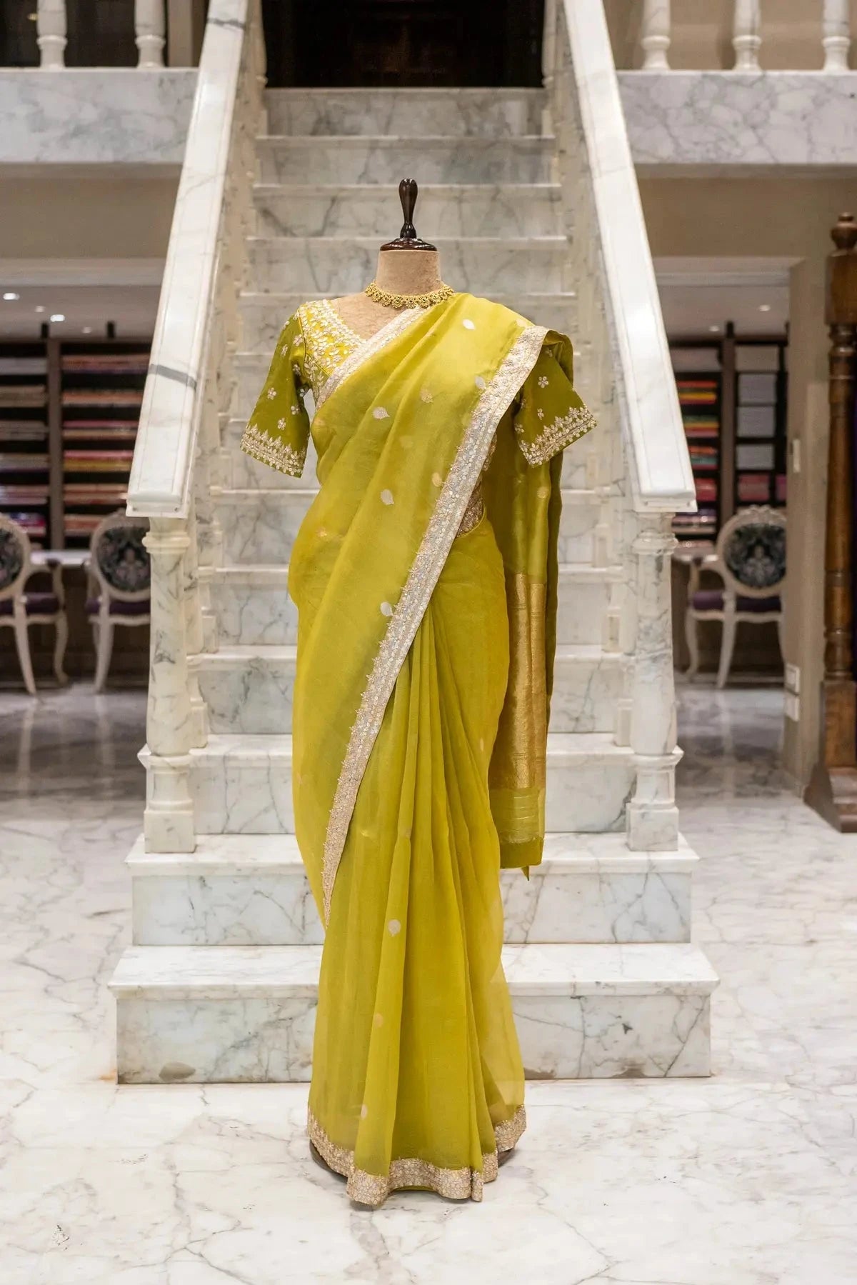 Parrot Green Organza Saree - Pallodstore