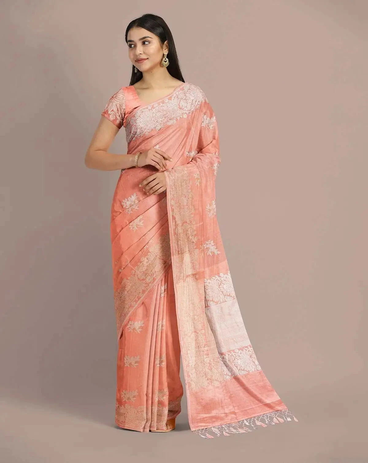 Peach Banarasi Satin Saree - Pallodstore