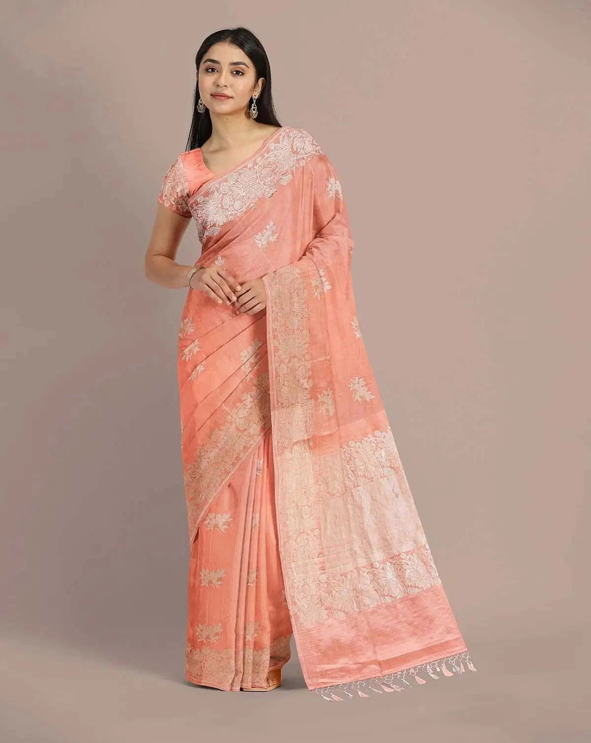 Peach Banarasi Satin Saree - Pallodstore
