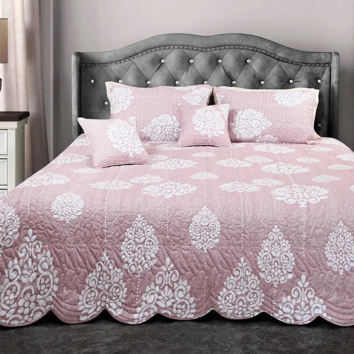 Peach Pink Ethnic King Size Quilted Bedspread Set - Pallodstore