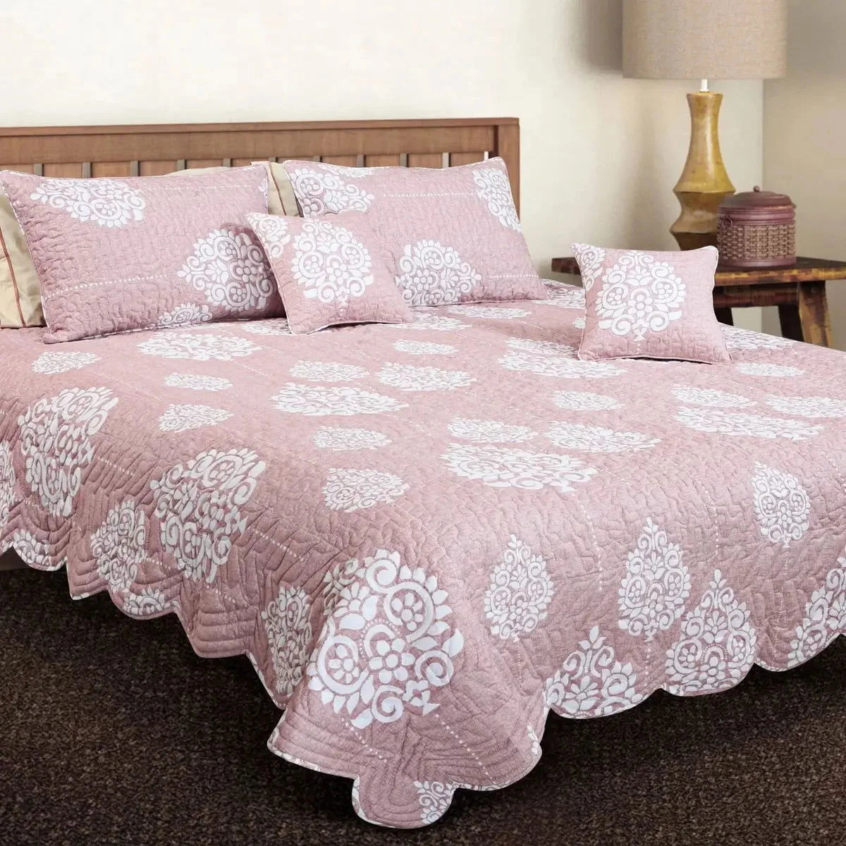 Peach Pink Ethnic King Size Quilted Bedspread Set - Pallodstore