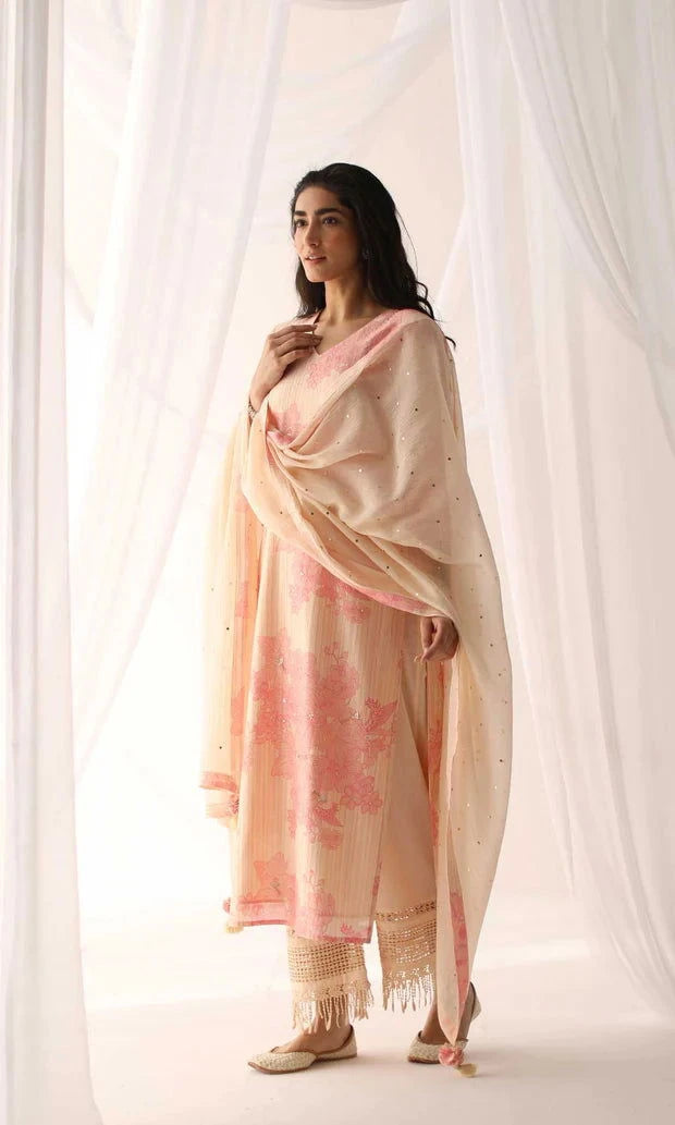 Peach chanderi hand embroidered kurta with pants and mukaish mulmul dupatta - Pallodstore