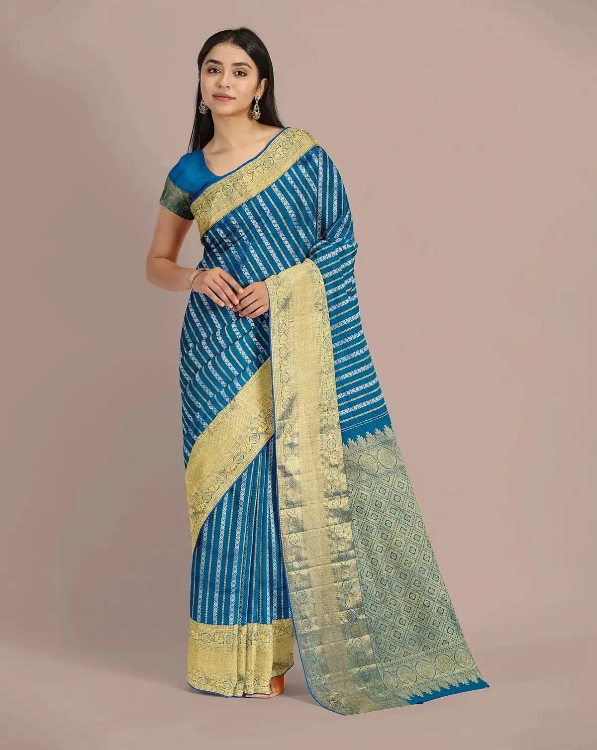 Peacock Blue Kanjivaram Saree - Pallodstore